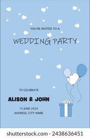 Invitation to a wedding party, on a blue background there is a rain of hearts, balls and box with a white ribbon, a gift from the guests.