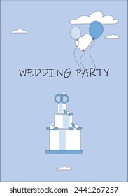 Invitation to a wedding party, on a blue background, balloons, in the sky, and a wedding cake.