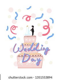Invitation to the wedding with a pink cake. Vector illustration