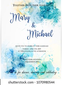 Invitation wedding template  background with watercolored abstract roses. Blue colored. Abstract background.