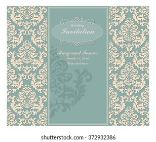 Invitation to the wedding in vintage style on a dark emerald  background. Invitation to guests with a lace pattern. Vector illustration