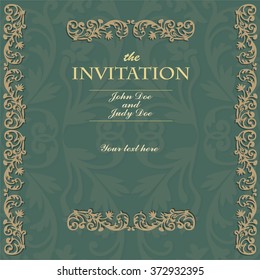 Invitation to the wedding in vintage style on a dark green background. Invitation to guests with a lace pattern. Vector illustration