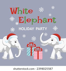 Invitation to the White Elephant Christmas Party. Cute poster template for the White Elephant gift exchange game. Vector illustration.