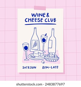 invitación para la fiesta del vino y del queso. Concepto de cata de vinos. Ilustración vectorial