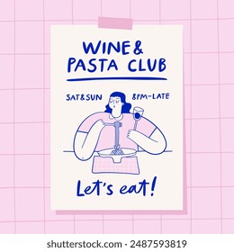 invitation for wine and pasta party. Wine tasting concept. Vector illustration