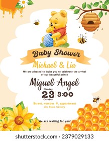 Invitation Winnie the Pooh beige and yellow color for birthday, baby shower or gift card