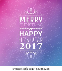 Invitation or winter's card Merry Christmas and Happy New Year 2017. Vector illustration. Snow and gradient background