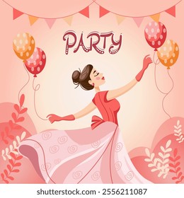 invitation to a Women's party on a pink background with an image of a dancing girl