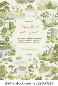 Invitation. Woodland. Toile inspired. Vector vintage illustration. Green. NOT AI generated