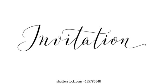 Invitation word, hand written custom calligraphy isolated on white. Elegant ornate lettering with swirls and swashes. Great for wedding and birthday party design, cards, banners. 