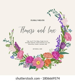 Invitation wreath with flowers and herbs. Vector botanical illustration. Spring and summer plants.  Colorful. Blooming. 