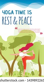 Invitation for Yoga Exercising Outdoor Mobile Page. Summer Time Healthy Recreation. Cartoon Woman Stretching, Doing Relaxing Asana on Nature. Sport in Park. Vector Motivational Flat Illustration
