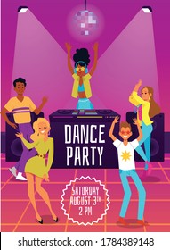 Invitational poster for dance party with dancing people characters and DJ in night club interior. Dance and music disco club banner, flat cartoon vector illustration.