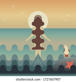 Invitation,flyer, booklet, leaflet concept illustration.Greek mythology brochure.Mermaid meets the dawn.