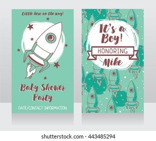 invitations for baby shower with cute rocket, "It's a boy!" cards, can be used as template for boy's birthday party design, vector illustration