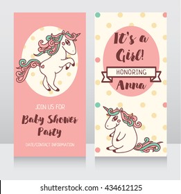 invitations for baby shower with cute unicorn, "It's a girl!" cards, can be used as template for girl's birthday party design, vector illustration