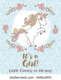 invitations for baby shower with cute unicorn, "It's a girl!" cards, can be used as template for girl's birthday party design, vector illustration