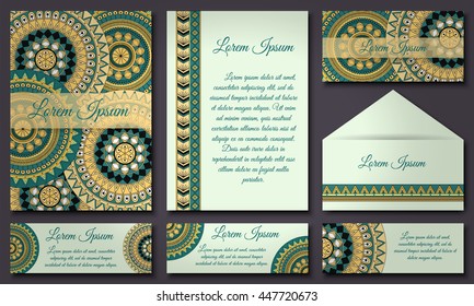invitations and banners template set. Floral mandala pattern and ornaments. Oriental design Layout. Asian, Arabic, Indian, ottoman motifs.