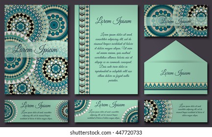 invitations and banners template set. Floral mandala pattern and ornaments. Oriental design Layout. Asian, Arabic, Indian, ottoman motifs.