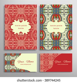 Invitations and business cards collection with floral geometric lace pattern, tribal ethnic ornament. Vintage decorative backgrounds for fabric or paper print