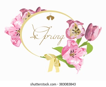 Invitations card. spring pink tulips. Vintage. Vector