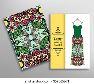 Invitations or Cards collection. Geometric floral seamless pattern with repeating texture and women's dress on a hanger. Vector fashion illustration
