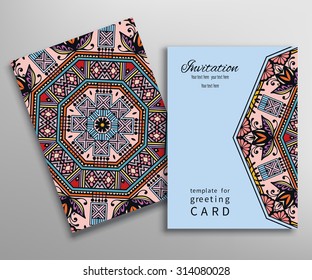 Invitations or Cards collection with seamless texture and Mandala border element. Tribal ethnic Arabic indian motif. Vector illustration