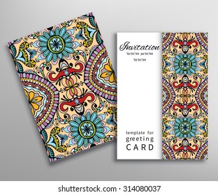 Invitations or Cards collection with seamless texture and frame border ornament. Tribal ethnic Arabic indian pattern. Vector illustration