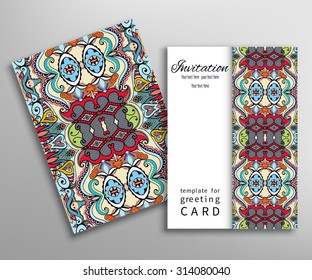 Invitations or Cards collection with seamless texture and frame border ornament. Tribal ethnic Arabic indian pattern. Vector illustration