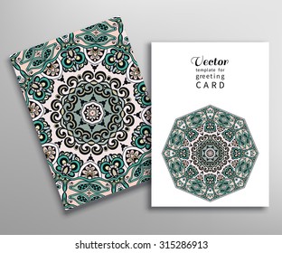 Invitations or Cards collection with seamless texture and Mandala ornament. Tribal ethnic Arabic indian pattern.