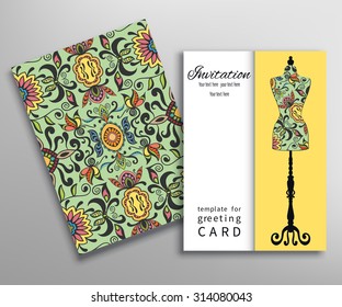 Invitations or Cards with fashion collection, floral seamless texture and vintage tailor's dummy for female body. Vector illustration