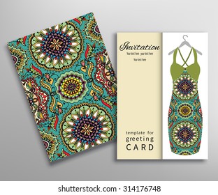 Invitations or Cards with fashion collection, floral seamless texture and women's dress on a hanger. Geometric pattern.