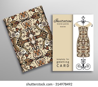 Invitations or Cards with fashion collection, floral seamless texture and women's dress on a hanger. Geometric pattern.