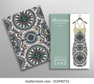 Invitations or Cards with fashion collection, floral seamless texture and women's dress on a hanger. Geometric pattern.