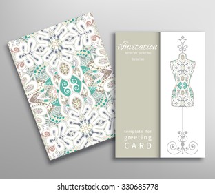 Invitations or Cards with fashion collection, floral seamless texture and vintage tailor's dummy for female body.