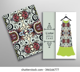 Invitations or Cards with fashion collection, floral seamless texture and women's dress on a hanger. Geometric pattern.