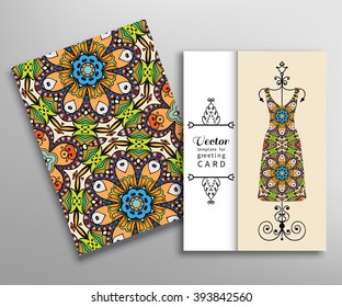 Invitations or Cards with fashion collection, geometric floral seamless pattern with repeating texture and women's dress on a hanger