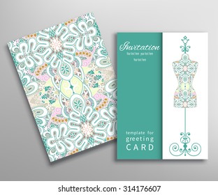 Invitations or Cards with fashion collection, lace seamless texture and vintage tailor's dummy for female body.