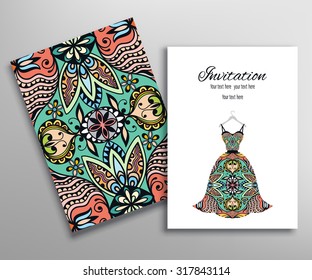 Invitations or Cards with seamless texture and women's dress on a hanger, vector fashion collection fabric pattern.
