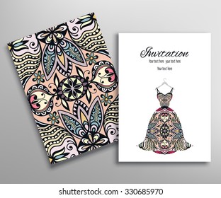 Invitations or Cards with seamless texture and women's dress on a hanger, vector fashion collection fabric pattern.