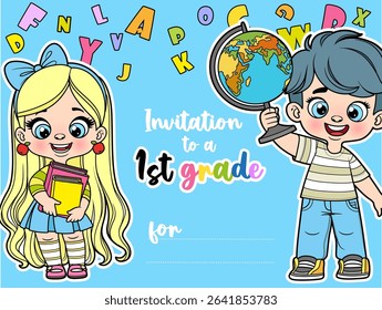 Invitations for a child in 1st grade of elementary school on blue background