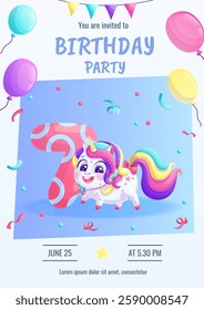 Invitations to a children's birthday party with a cute unicorn. 7th anniversary party, birthday, celebration, congratulations, invitation concept. Vector illustration.