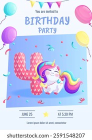 Invitations to a children's birthday party with a cute unicorn. 4th anniversary party, birthday, celebration, congratulations, invitation concept. Vector illustration.