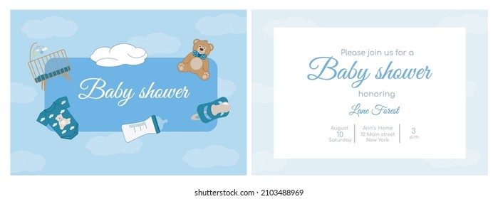 Invitations for a children's holiday. Newborn. Boy's baby shower party. Baby shower card design