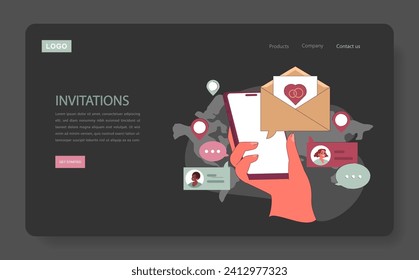 Invitations concept. A hand holds a phone showcasing digital invitations, while traditional paper invites float nearby, bridging modern and classic event planning. Tech meets tradition. Flat vector