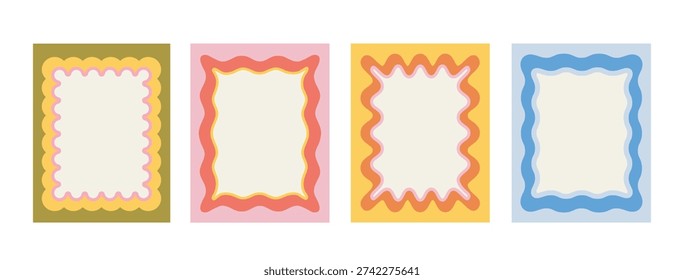 Invitations frames set. Rectangular blue, red and yellow dividers. Bundle of funky patterns. Party and event, holiday. Flat vector collection isolated on white background