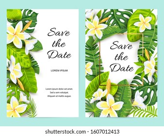 Invitations with jungle leaves, tropical flower Frangipani. Vector illustration summer templates. Place for text. Great for SPA flyer, beauty offer, wedding, poster, baby shower. Save the date card.