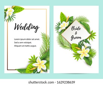 Invitations with jungle leaves, tropical flower plumeria. Vector illustration summer templates. Place for text. Great for SPA flyer, beauty offer, wedding, poster, baby shower, bridal shower.