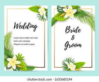 Invitations with jungle leaves, tropical flower plumeria. Vector illustration summer templates. Place for text. Great for SPA flyer, beauty offer, wedding, poster, baby shower, bridal shower.