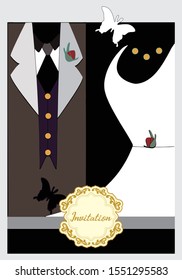 Invitations with simple wedding dress designs and wedding suits. The concept of a clothing invitation wedding